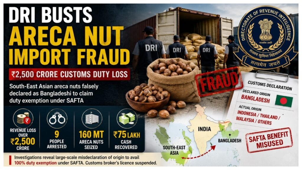 DRI busts alleged areca nut import network involving South-East Asian produce falsely declared as Bangladeshi, causing over Rs 2,500 crore customs duty loss.