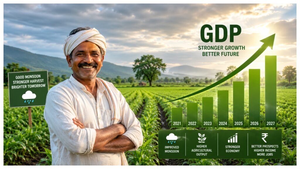 A farmer in a green agricultural field with a rising economic growth chart, symbolising stronger GDP prospects supported by improved monsoon conditions.