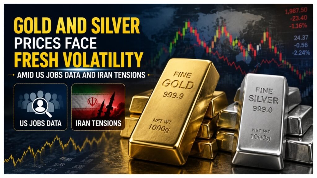 Gold and silver prices face fresh volatility amid US jobs data and Iran tensions.