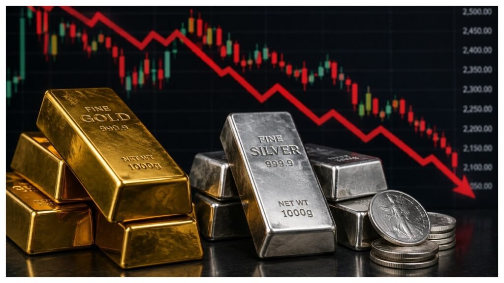 Gold bars and silver bullion representing the weekly decline in precious metal prices.