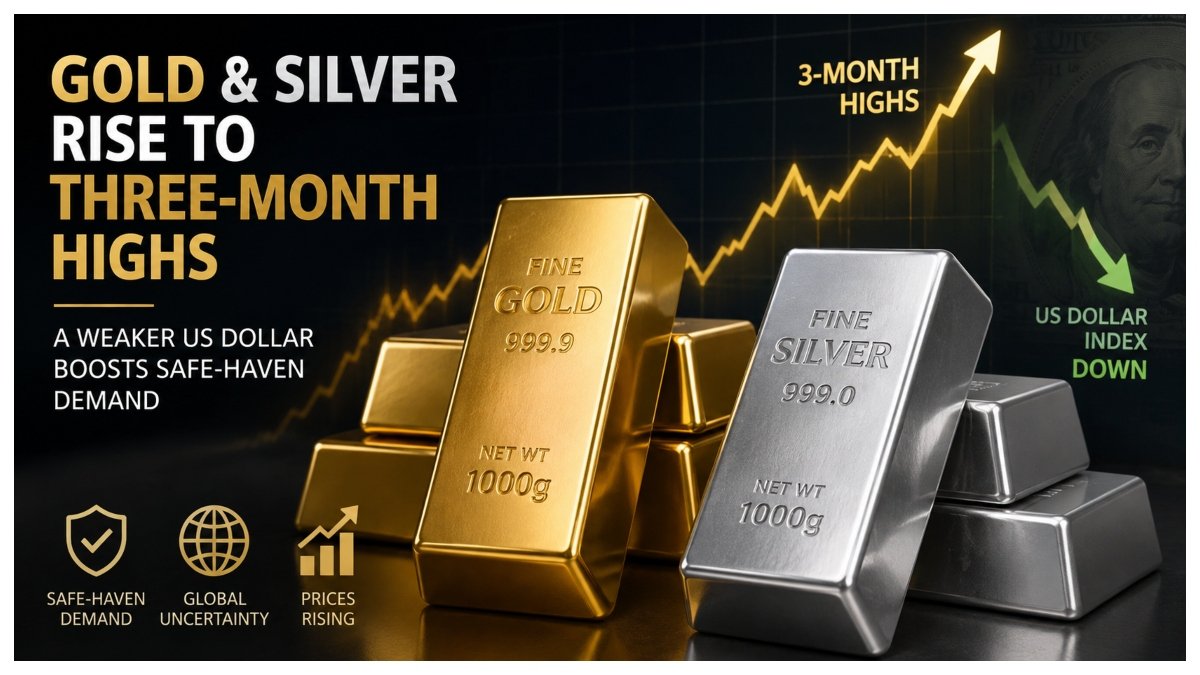 Gold and silver bars representing prices rising to three-month highs as a weaker US dollar boosts safe-haven demand.