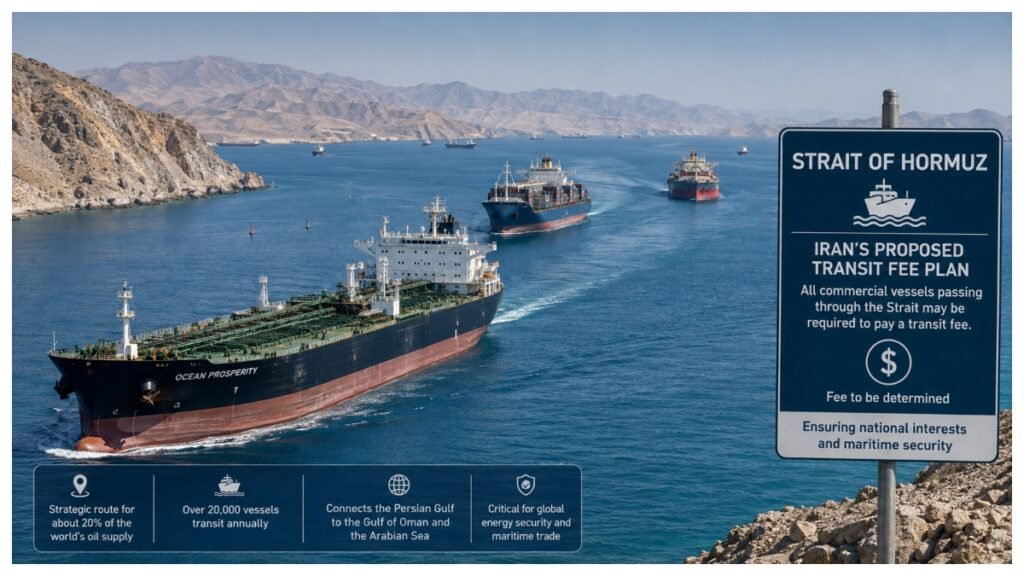Commercial ships passing through the Strait of Hormuz amid Iran’s proposed transit fee plan.