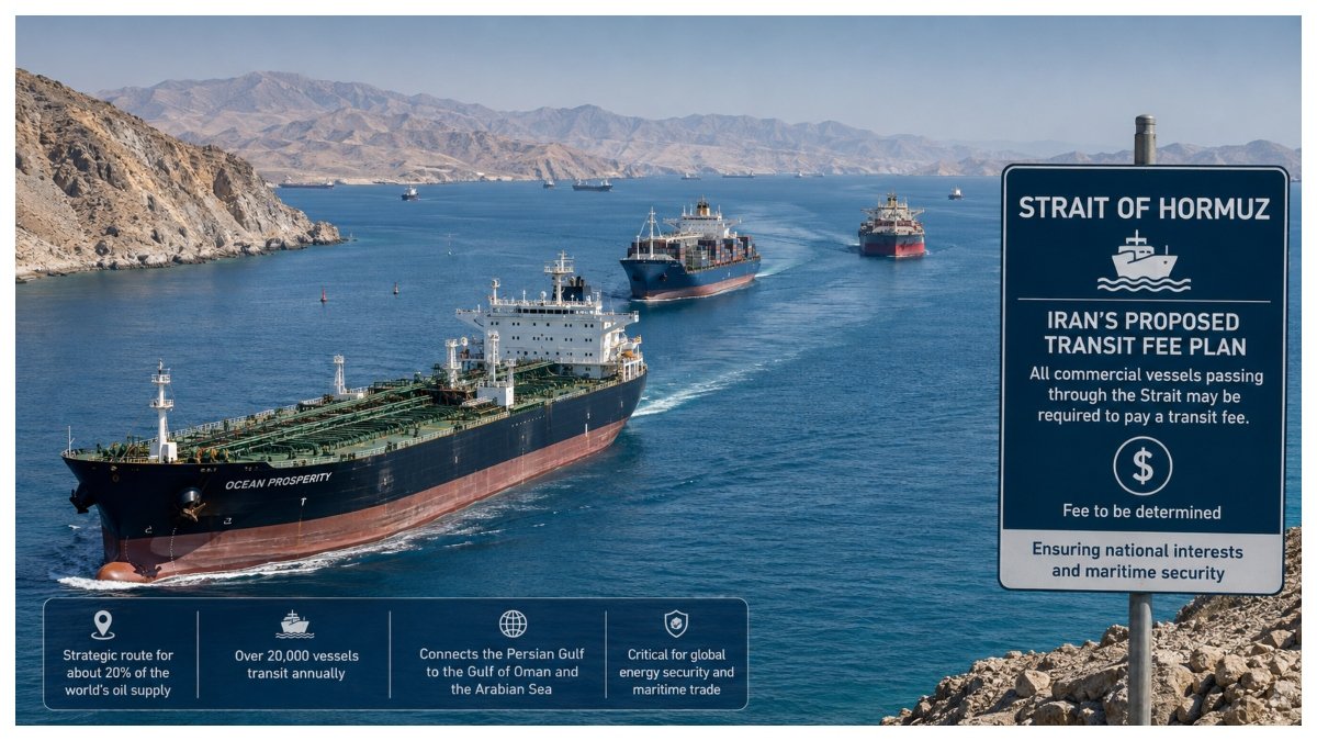 Commercial ships passing through the Strait of Hormuz amid Iran’s proposed transit fee plan.