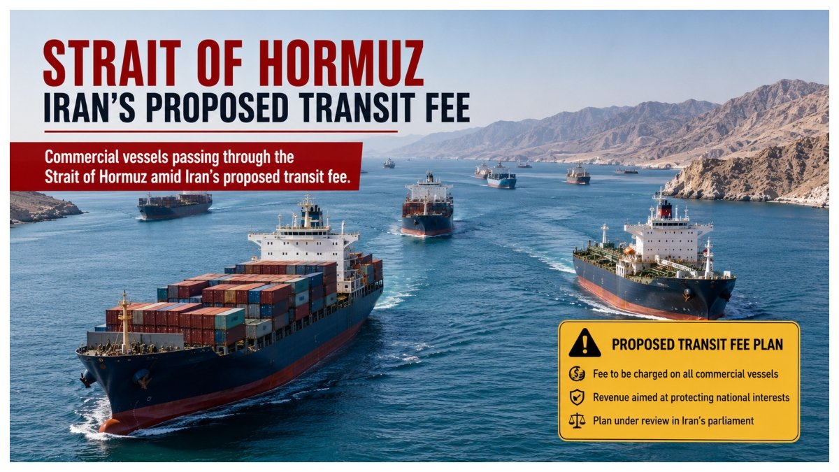 Commercial vessels passing through the Strait of Hormuz amid Iran’s proposed transit fee.