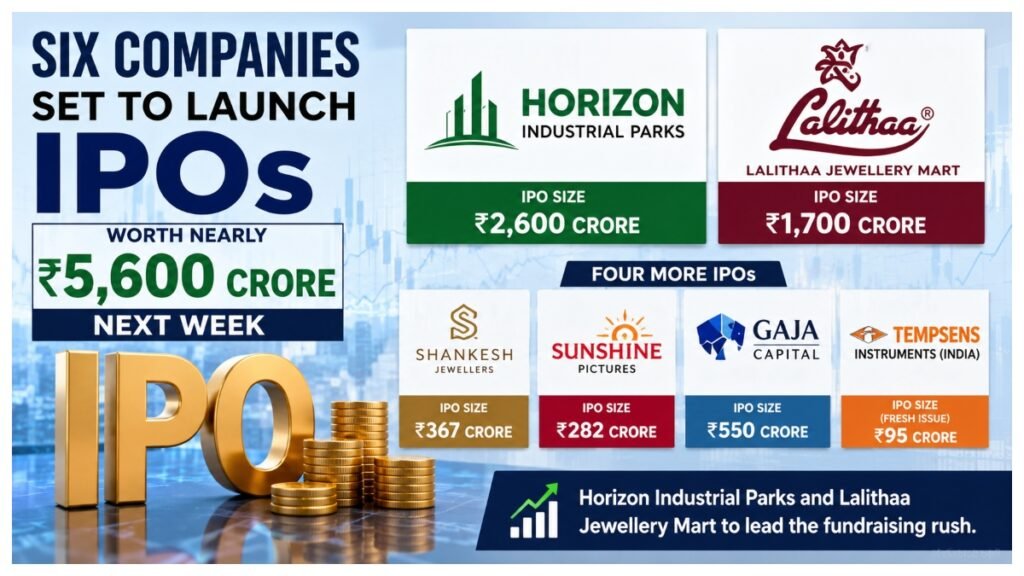 Six companies set to launch IPOs worth nearly Rs 5,600 crore next week, led by Horizon Industrial Parks and Lalithaa Jewellery Mart.