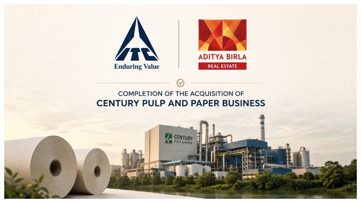 ITC and Aditya Birla Real Estate logos with a paper mill symbolising the completion of the Century Pulp and Paper business acquisition.