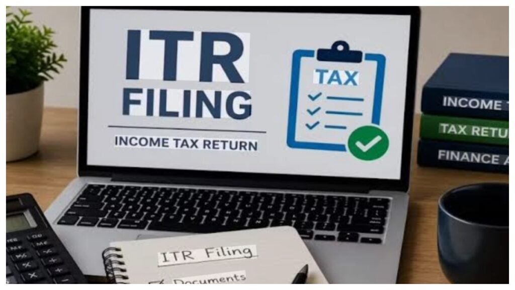 Calendar highlighting August financial deadlines alongside tax documents, RBI emblem, bank cards and railway ticket representing key financial events.