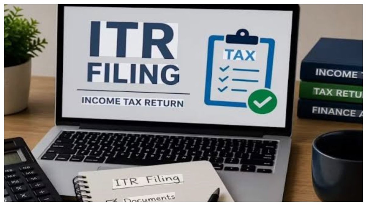 Calendar highlighting August financial deadlines alongside tax documents, RBI emblem, bank cards and railway ticket representing key financial events.