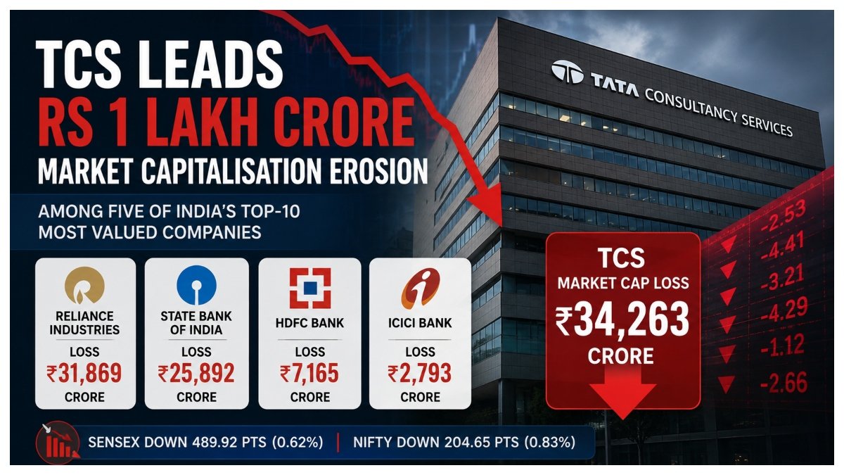 TCS leads Rs 1 lakh crore market capitalisation erosion among five of India’s top-10 most valued companies.