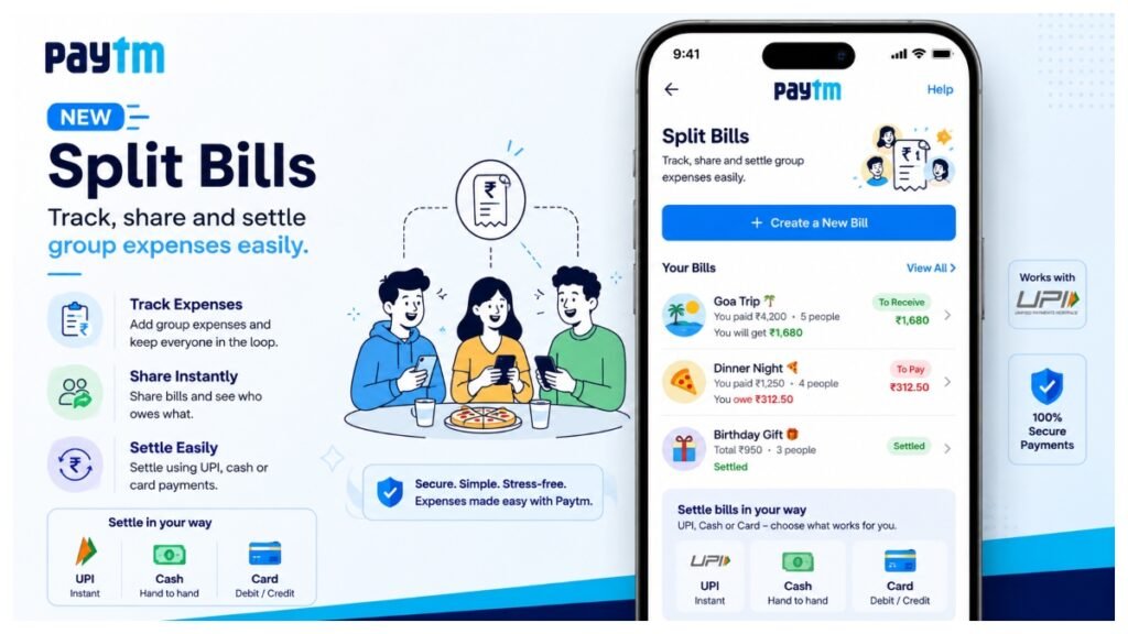 Paytm app displaying the new Split Bills feature for tracking, sharing and settling group expenses using UPI, cash and card payments.