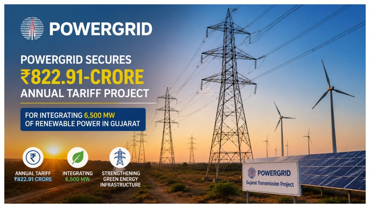POWERGRID transmission towers in Gujarat representing the ₹822.91-crore annual tariff project for integrating 6,500 MW of renewable power.