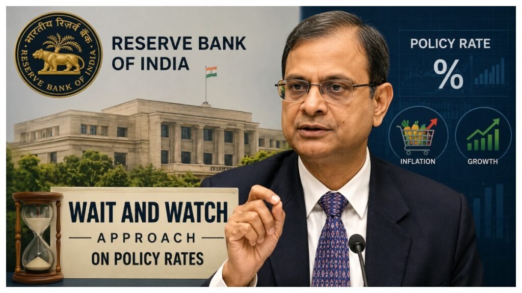 RBI Governor Sanjay Malhotra representing the central bank's wait-and-watch approach on policy rates amid inflation and growth concerns.