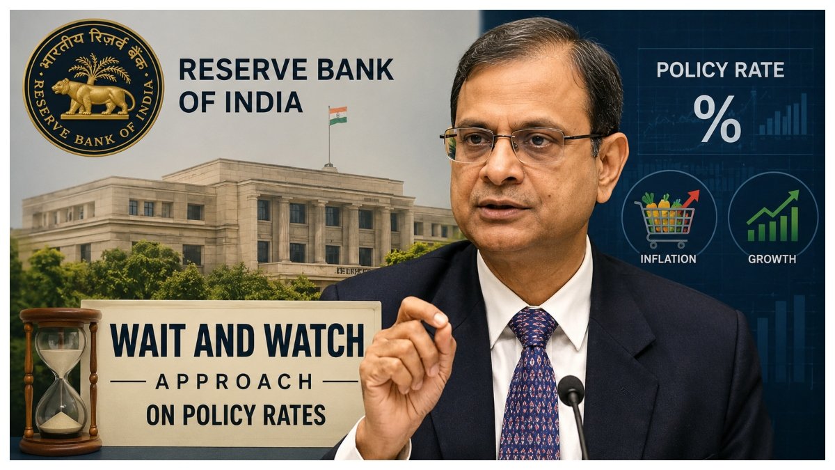 RBI Governor Sanjay Malhotra representing the central bank's wait-and-watch approach on policy rates amid inflation and growth concerns.