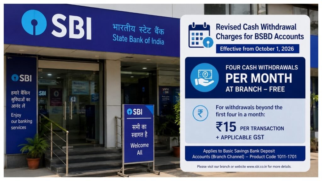 State Bank of India branch representing revised BSBD account cash withdrawal charges, with four free branch withdrawals per month from October 1, 2026.
