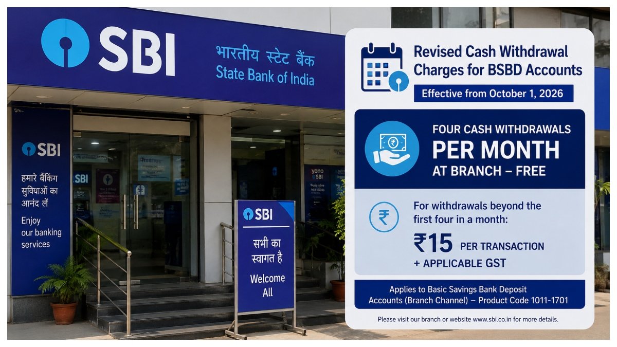 State Bank of India branch representing revised BSBD account cash withdrawal charges, with four free branch withdrawals per month from October 1, 2026.