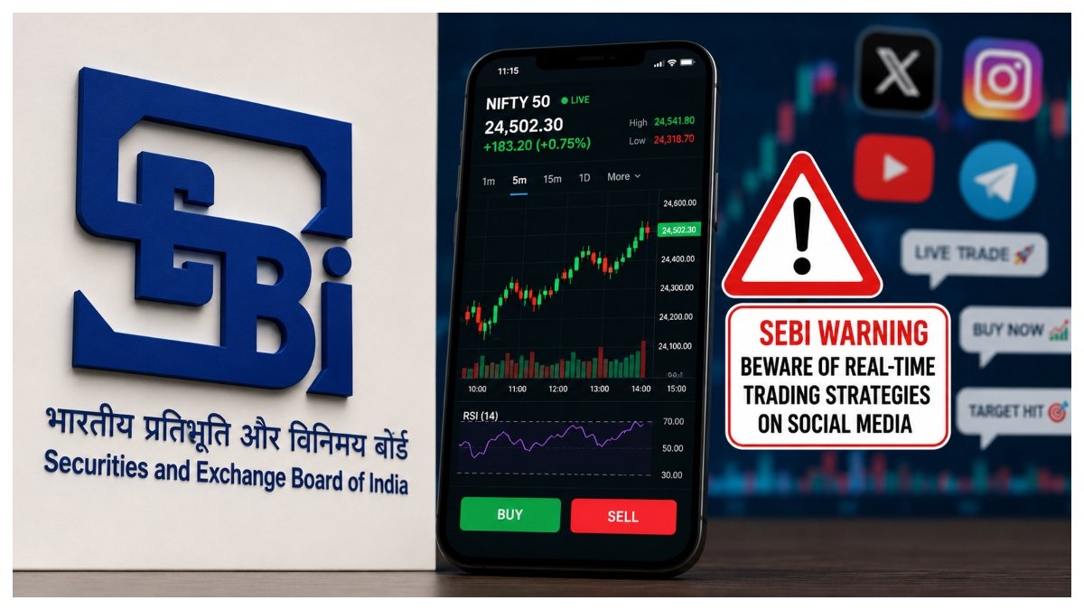 SEBI logo alongside a smartphone displaying live stock market charts, representing the regulator's warning against real-time trading strategies on social media.