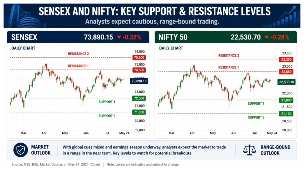 Sensex and Nifty market charts showing key support and resistance levels as analysts expect cautious, range-bound trading.