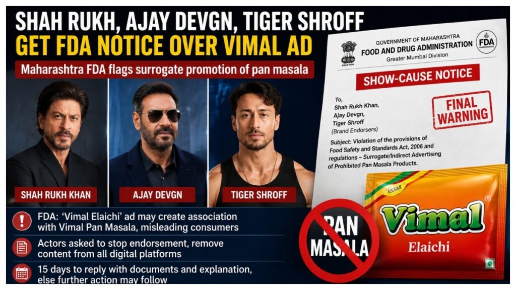 Shah Rukh Khan, Ajay Devgn and Tiger Shroff receive Maharashtra FDA notices over their endorsement of the Vimal Elaichi advertisement.