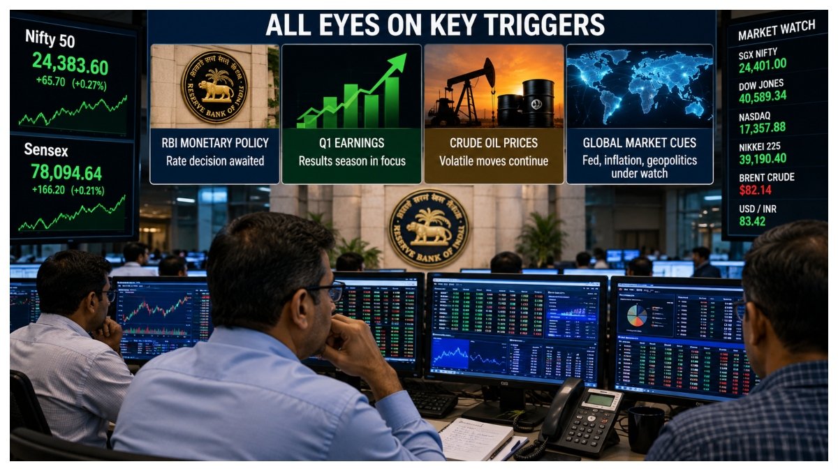 Traders monitor stock market screens as investors await RBI monetary policy, Q1 earnings, crude oil prices and global market cues.