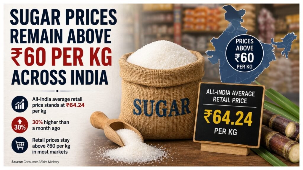 Sugar prices remain above ₹60 per kg across India.
