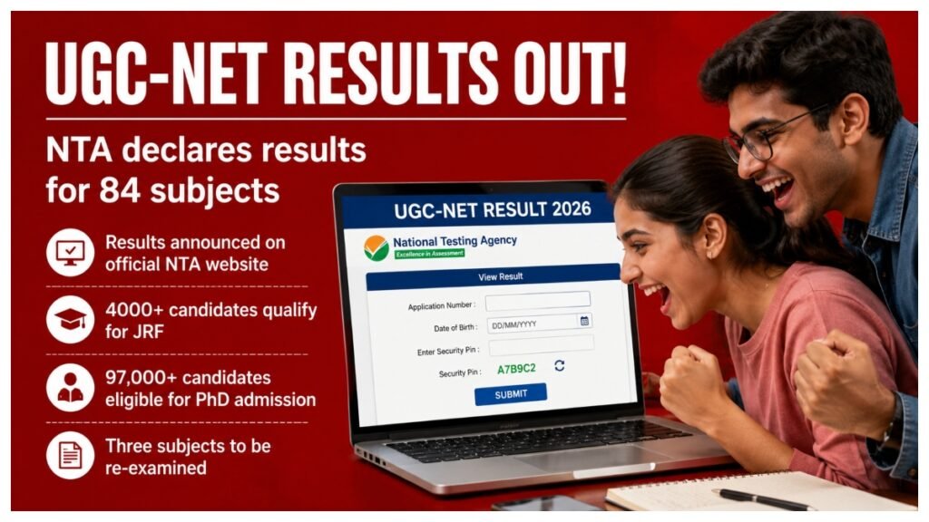 Candidates checking UGC-NET results online after NTA announced results for 84 subjects.