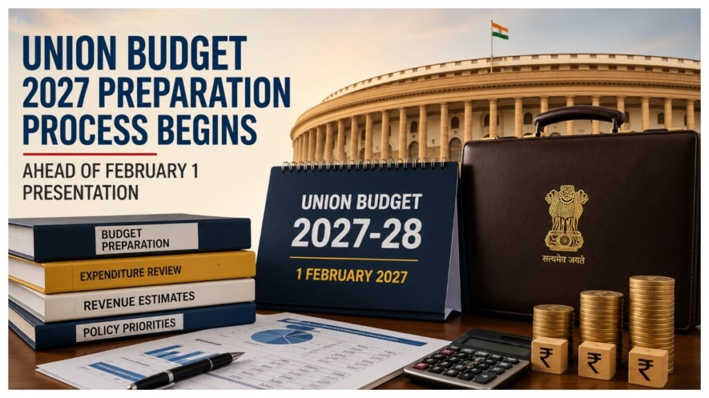 Union Budget 2027-28 preparation concept featuring Parliament, budget documents, financial charts and the February 1, 2027 presentation date.