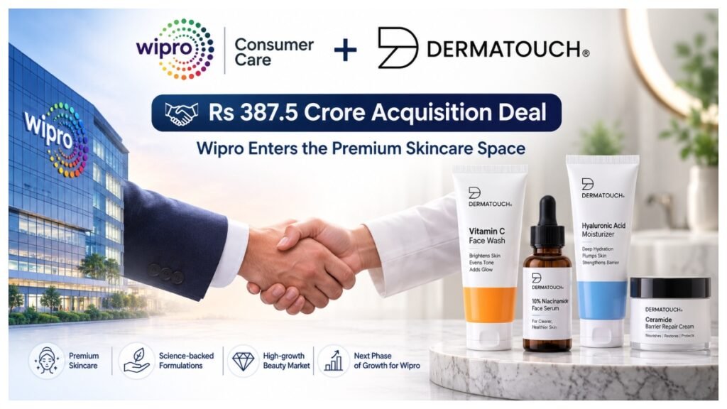Wipro Consumer Care and Dermatouch branding representing the Rs 387.5 crore acquisition deal and Wipro's entry into premium skincare.