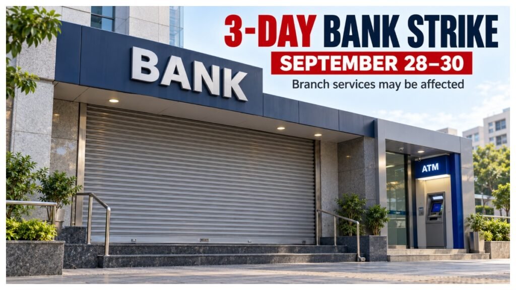 Bank branch illustration highlighting the September 28–30 strike.
