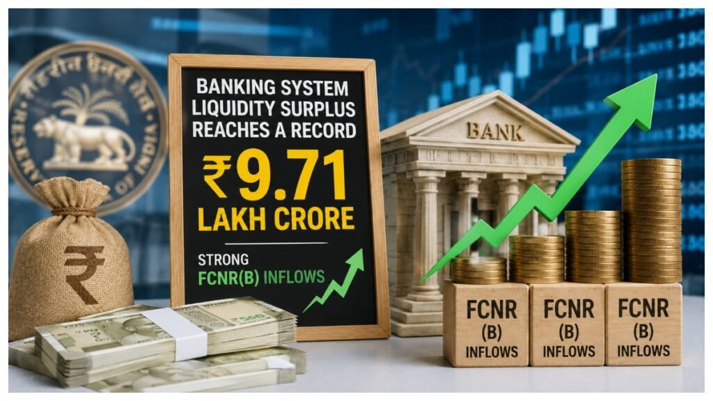 Banking system liquidity surplus reaches a record ₹9.71 lakh crore following strong FCNR(B) inflows.