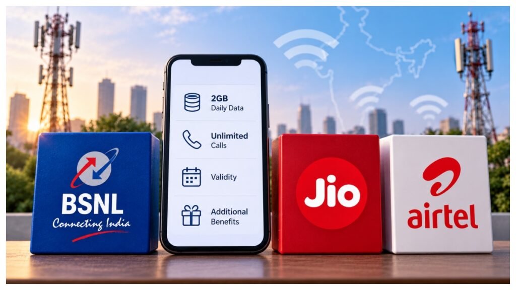 BSNL Rs 485 prepaid plan compared with Jio and Airtel 2GB daily data plans on price, validity and benefits.