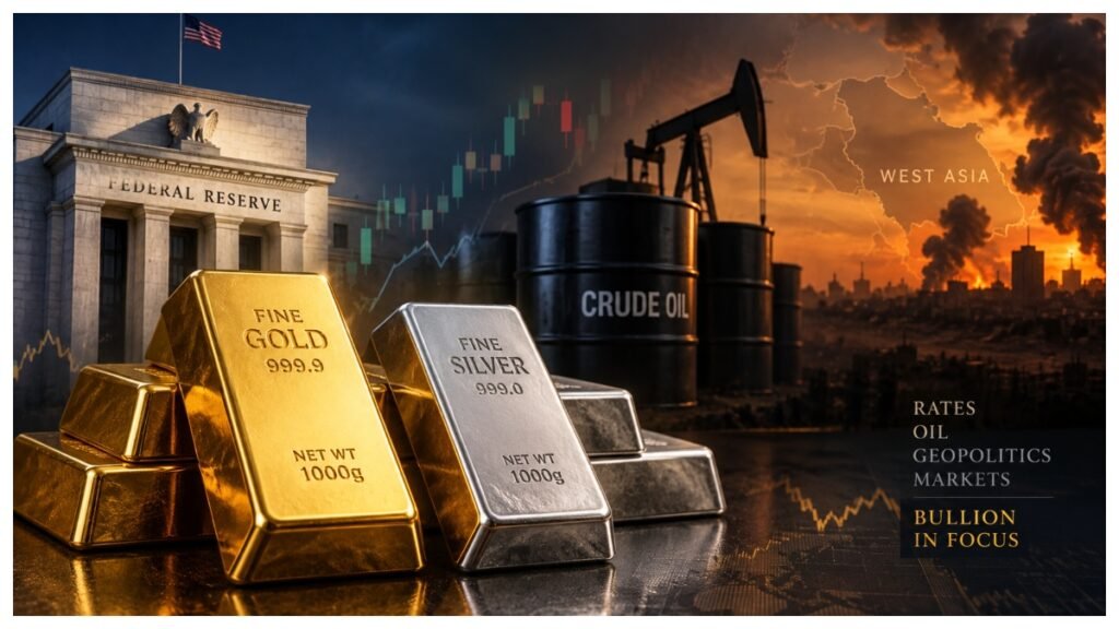 Gold and silver bars representing volatile bullion prices ahead of the US Federal Reserve decision and amid rising crude oil prices.