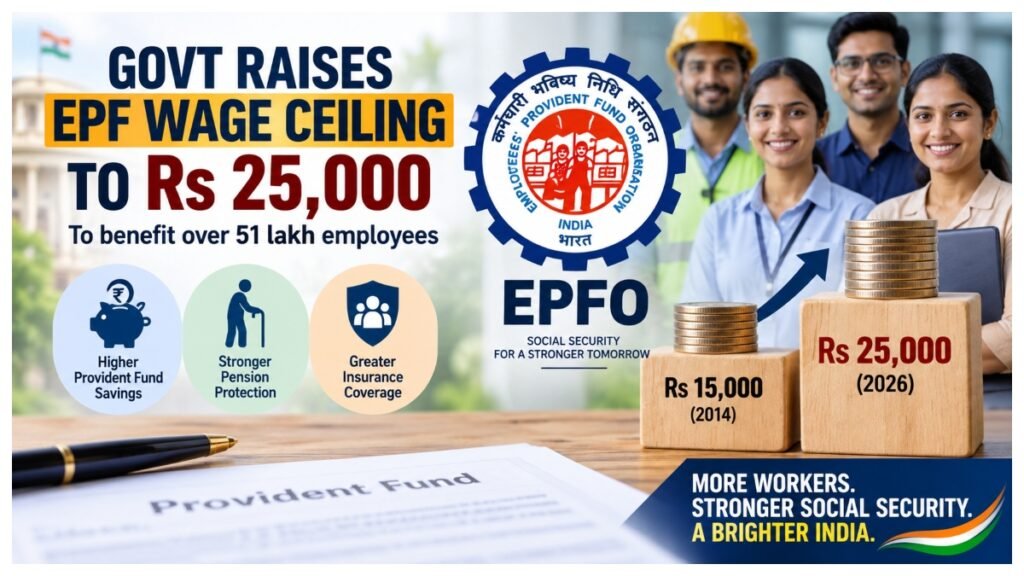 EPFO wage ceiling increased from Rs 15,000 to Rs 25,000, bringing over 51 lakh additional employees under mandatory provident fund coverage.