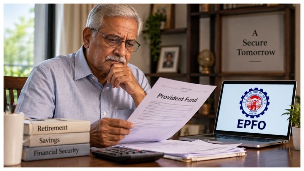 Retired employee checking provident fund documents after the consumer commission’s ruling against EPFO over a delayed ₹14.06 lakh claim.