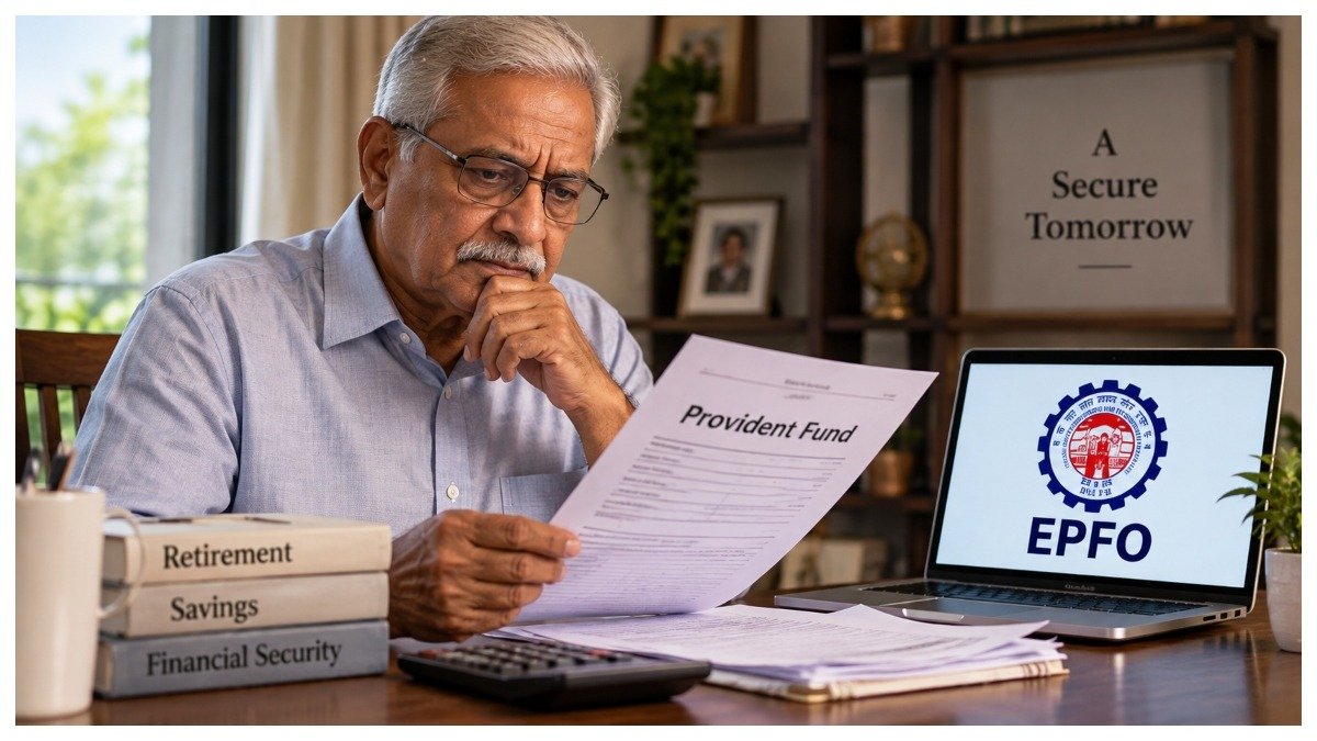 Retired employee checking provident fund documents after the consumer commission’s ruling against EPFO over a delayed ₹14.06 lakh claim.