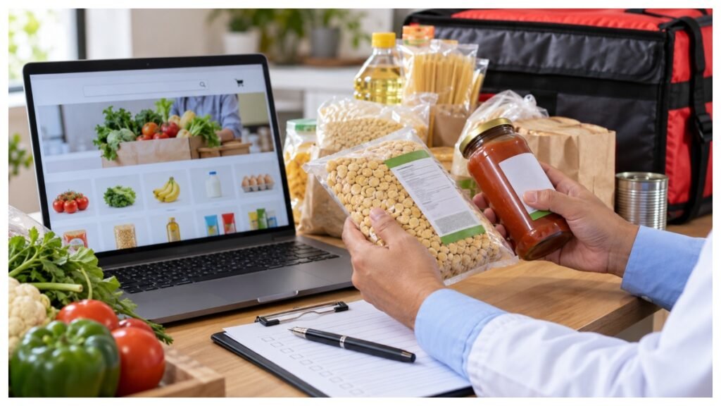 nspector checks packaged food beside a laptop displaying an online grocery store, illustrating FSSAI’s action against e-commerce platforms.