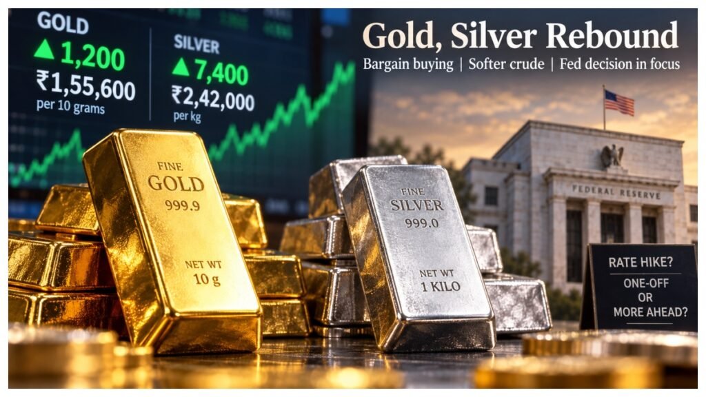 Gold bars and silver bullion representing the sharp rebound in precious metal prices ahead of the US Federal Reserve policy decision.