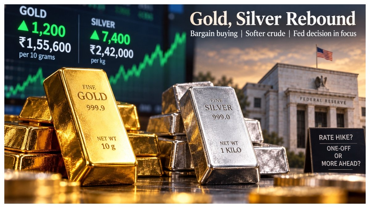 Gold bars and silver bullion representing the sharp rebound in precious metal prices ahead of the US Federal Reserve policy decision.