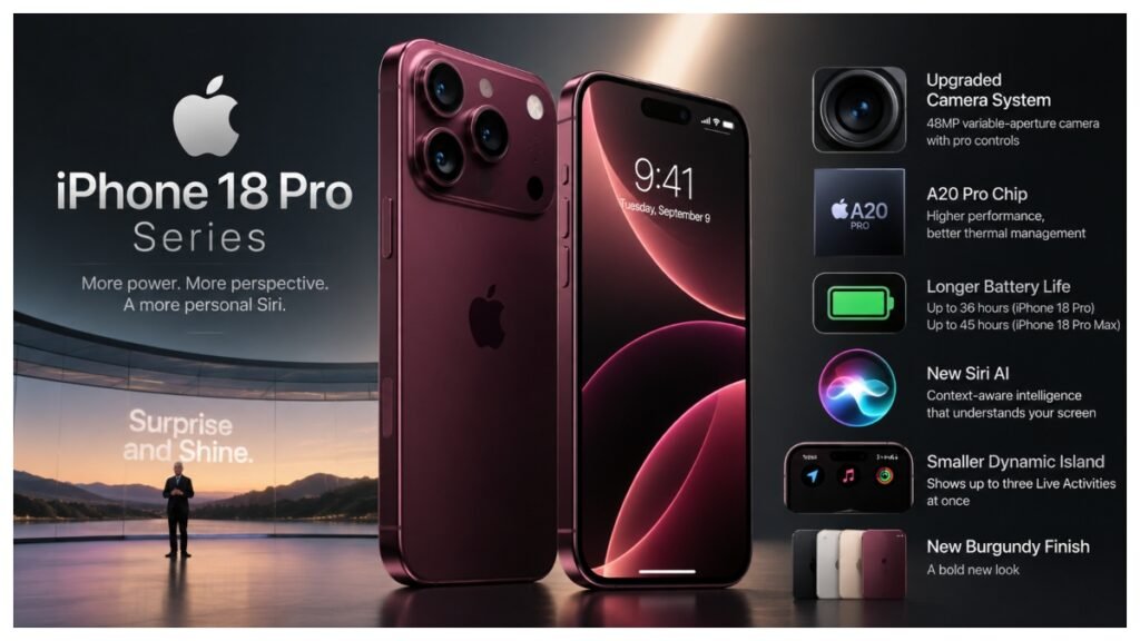 Apple iPhone 18 Pro series featuring an upgraded camera system, A20 Pro chip and new Siri AI capabilities.