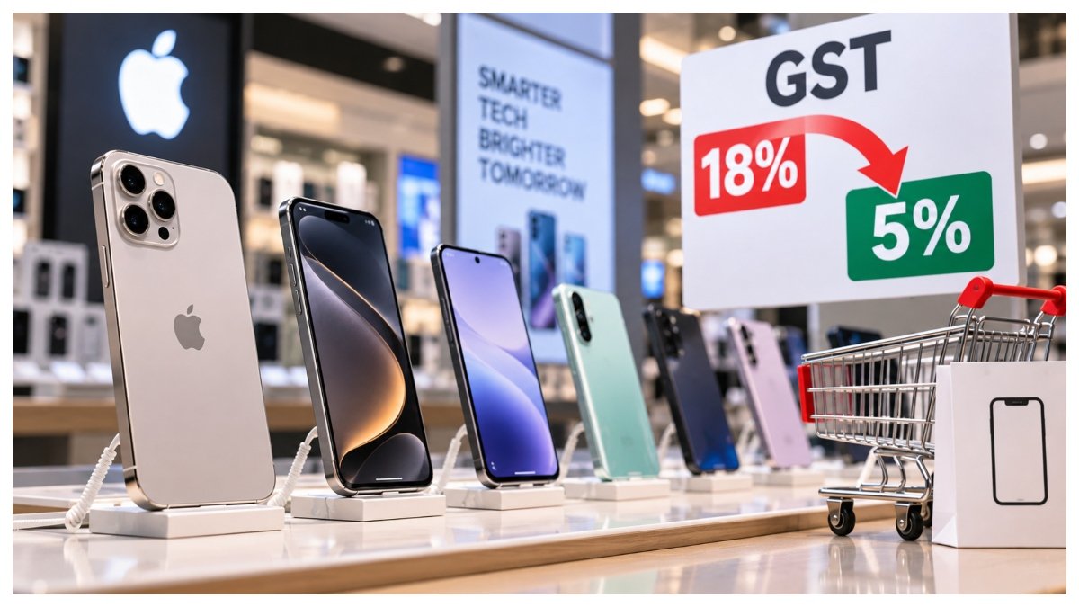 iPhones and smartphones on display as a potential GST cut from 18% to 5% could reduce mobile prices in India.