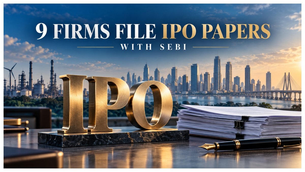 Golden IPO letters beside offer documents and a pen against a city skyline, with text announcing nine firms filing IPO papers with Sebi.