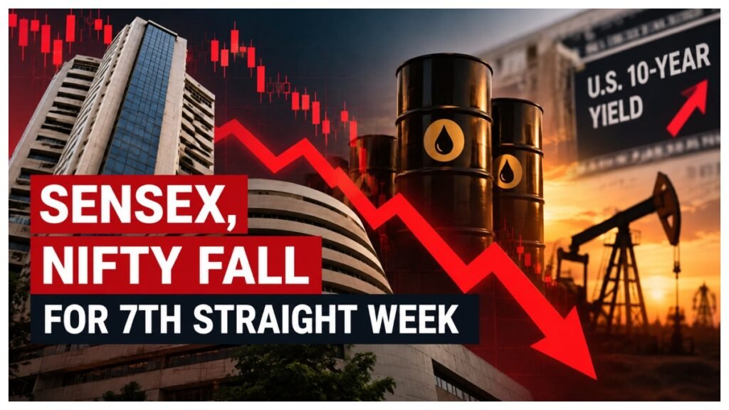 Sensex and Nifty fall for seventh straight week amid high crude prices and US bond yields.