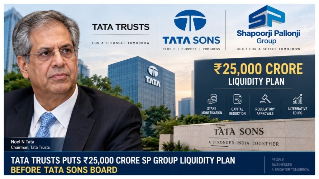 Tata Trusts Chairman Noel Tata and Tata Sons corporate imagery representing the proposed ₹25,000 crore SP Group stake monetisation plan.