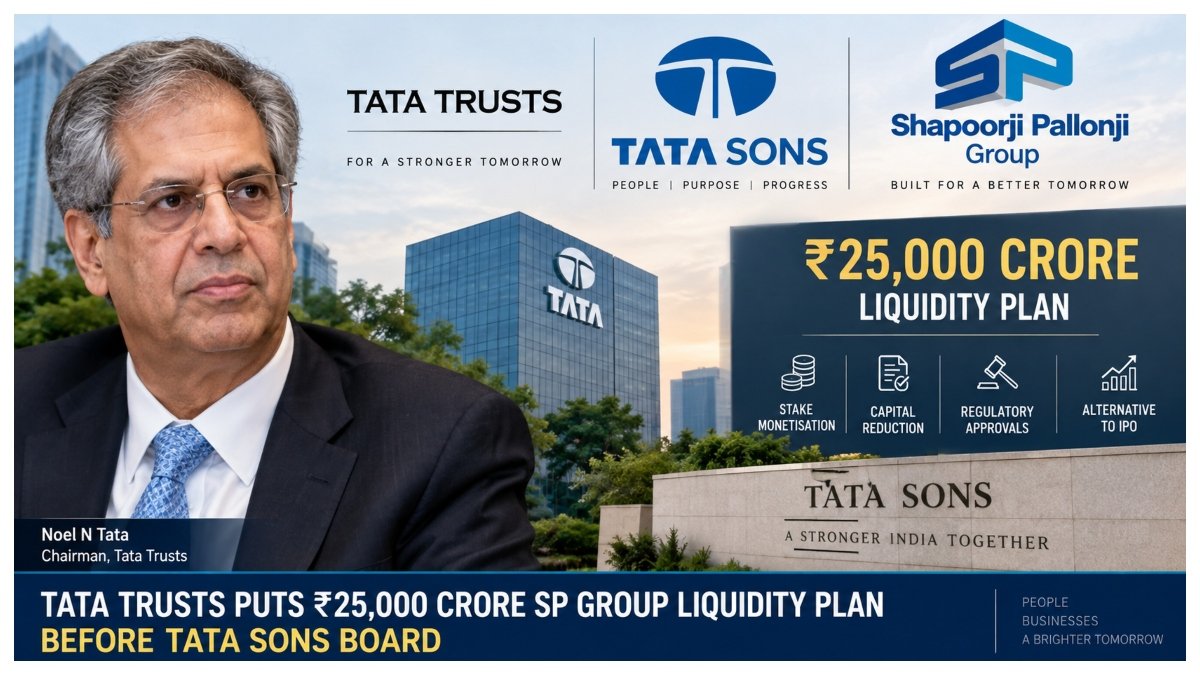 Tata Trusts Chairman Noel Tata and Tata Sons corporate imagery representing the proposed ₹25,000 crore SP Group stake monetisation plan.