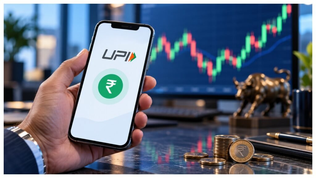 Illustration of a UPI payment screen beside a stock market chart.
