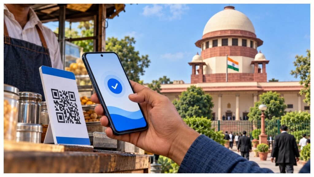 UPI payment illustration alongside the Supreme Court of India.