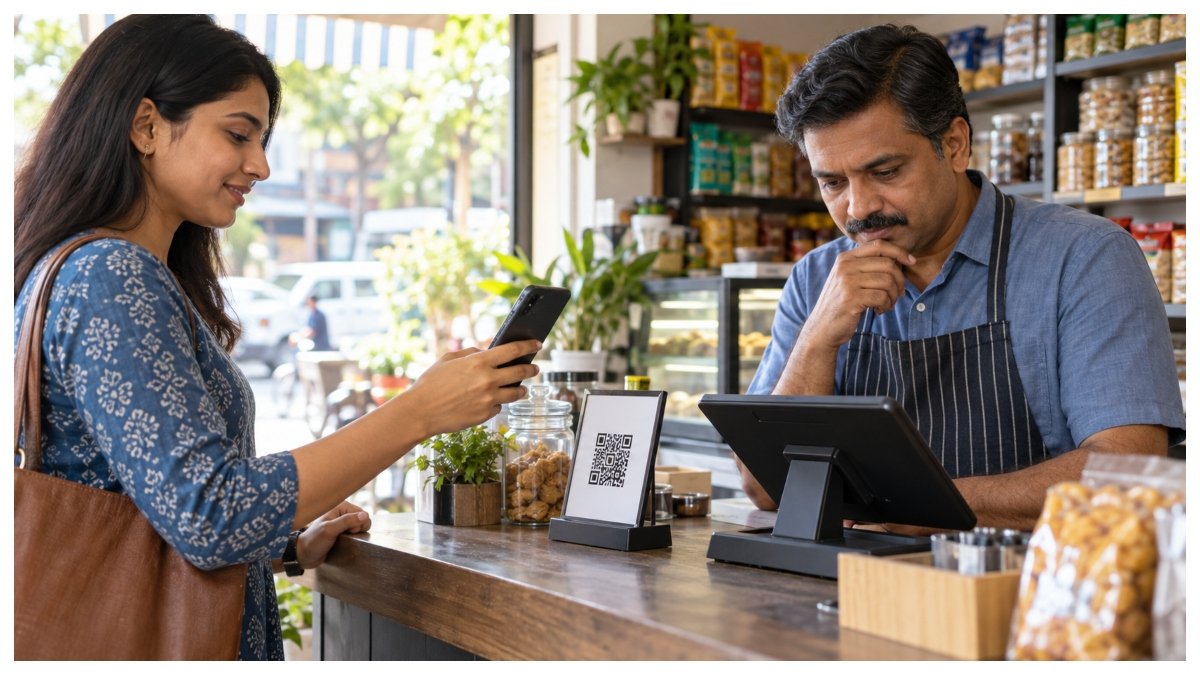 A customer makes a QR payment while a small merchant reviews the transaction on a payment terminal.
