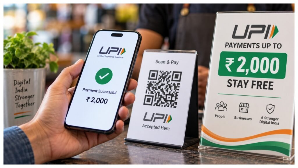 UPI payment being made through a smartphone as government bars banks from charging users for transactions of up to Rs 2,000.
