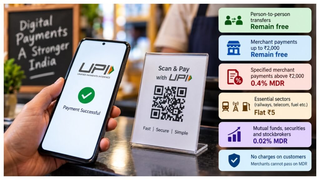 UPI payment illustration showing smartphone-based digital transactions as new MDR rules keep personal transfers free while introducing charges on specified merchant payments.