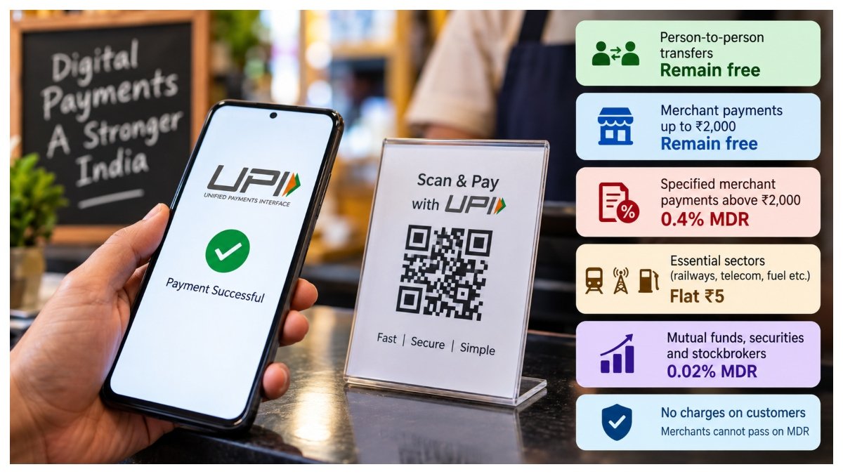 UPI payment illustration showing smartphone-based digital transactions as new MDR rules keep personal transfers free while introducing charges on specified merchant payments.
