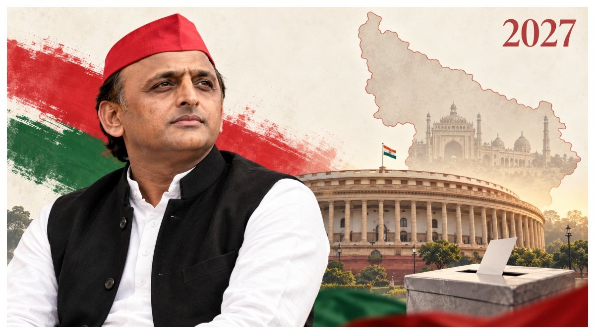 Illustration of Akhilesh Yadav alongside Parliament, a Uttar Pradesh map and a ballot box, symbolising the 2027 Assembly polls.